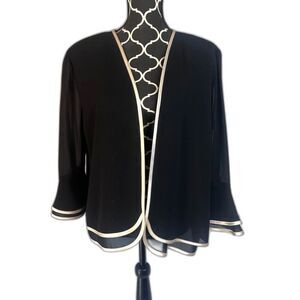 SiaSia Black w/ Cream Ribbon Trim Open Front Bell Cuff Semi Sheer Cardigan Sz 16